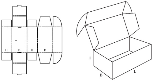 Faltanleitung für einen Karton, daneben zusammengesetzte Variante